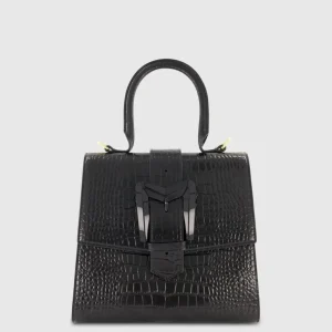 Buckled Medium Croco Leather Handbag with Detachable Strap