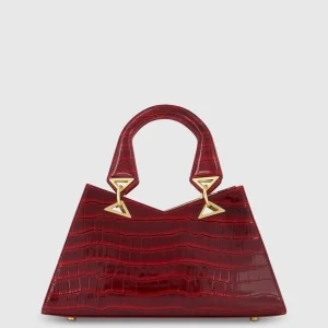Red Crocodile Leather Handbag With Gold Hardware