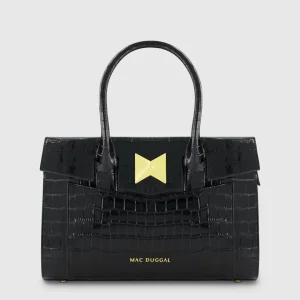 Black Crocodile Leather Tote Bag With Gold Hardware