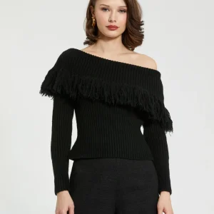 Black Off The Shoulder Fringe Knit Sweater