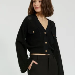 Black Crochet Knit Flare Long Sleeve Gold Button Cropped Cardigan