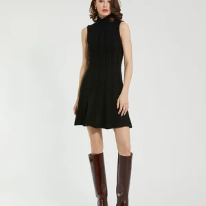 Black Cable Knit Turtle Neck Sleeveless Mini Sweater Knit Dress