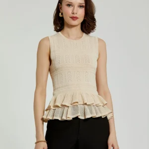 Beige Sleeveless High Neck Knit Top With Ruffle Hem