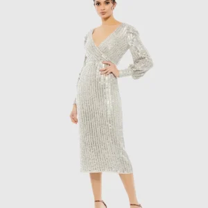 Silver Long Sleeve Midi Dress
