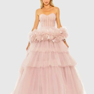 Pink Strapless Tulle Gown with Feather Detail - FINAL SALE