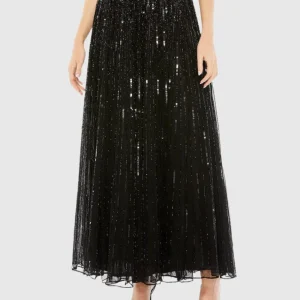 Black Long Sequin Embellished Chiffon Evening Skirt